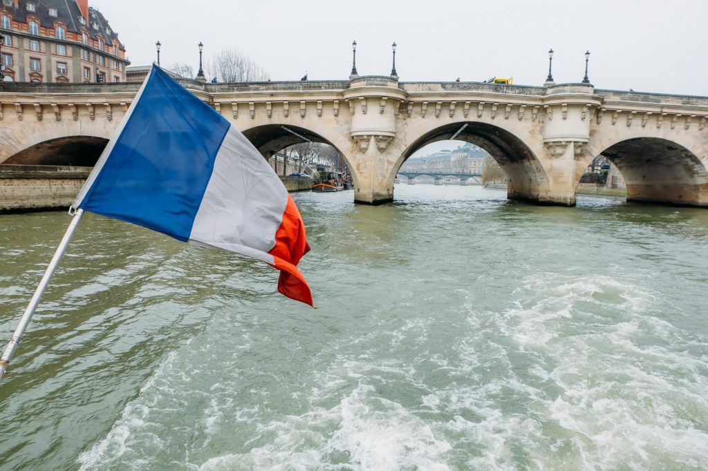 French Flag on the river seine in Paris, France