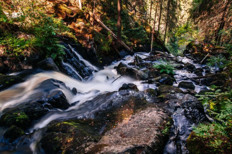 Fast river flowing water of waterfall in Finland