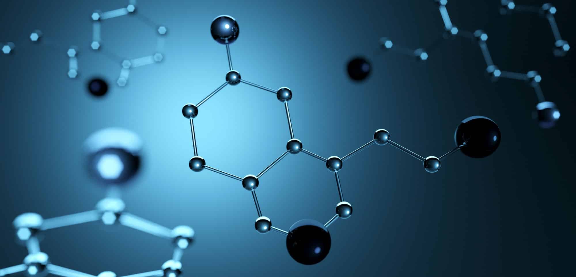 3d illustration. Model of serotonin molecule, Hormone of Happiness