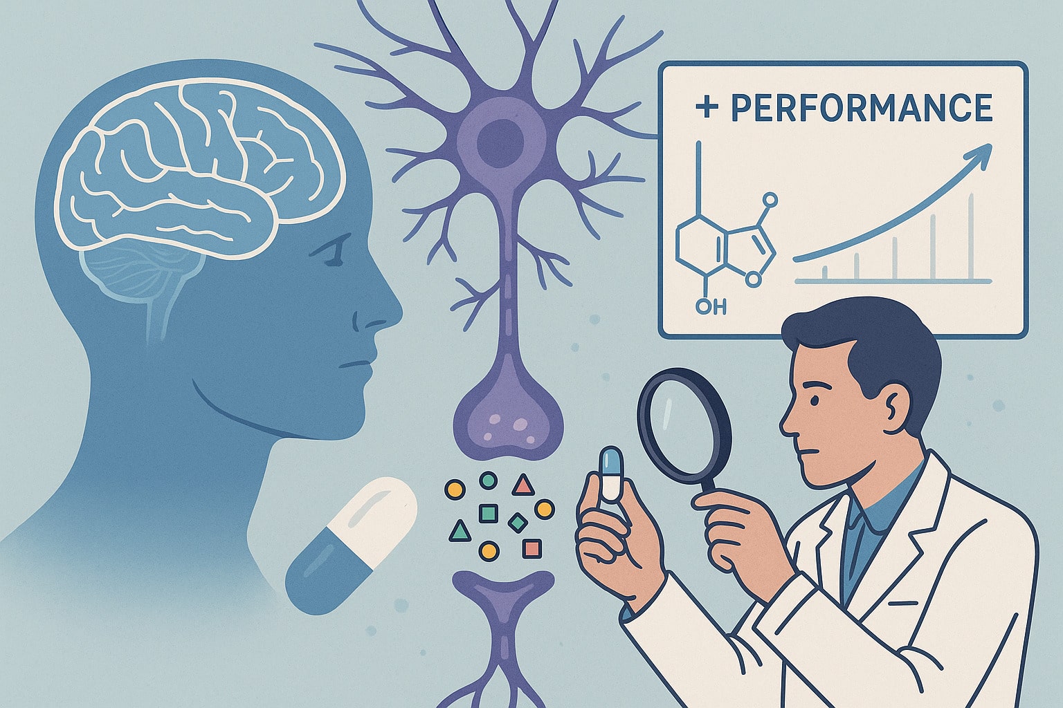 Illustratie van microdosing en hersenprestaties: wetenschapper onderzoekt capsule, met hersenactiviteit, neuronen en stijgende productiviteit.