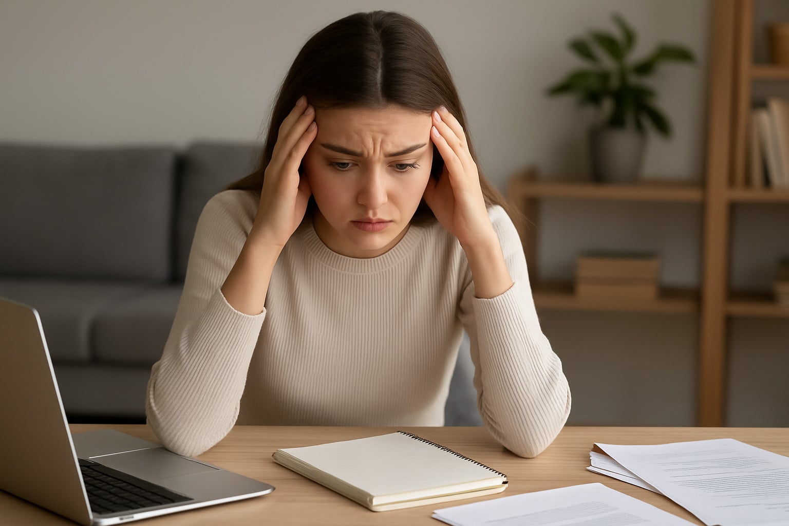 vrouw aan bureau die zich niet kan focussen