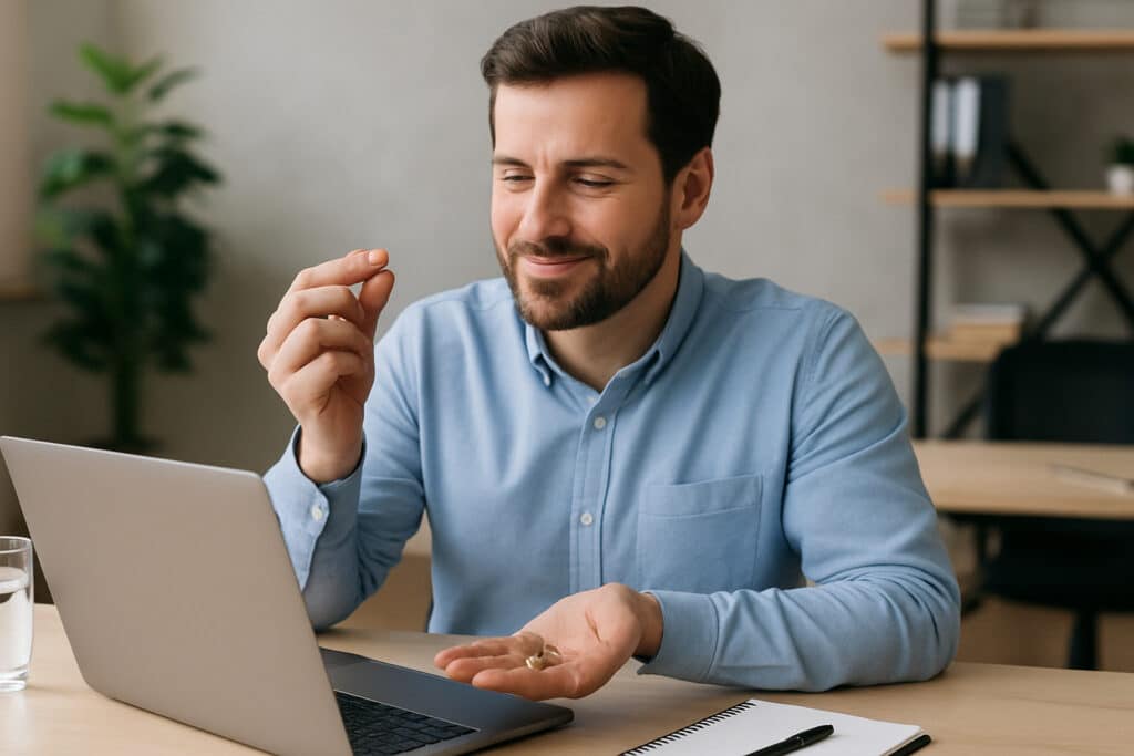 Man op kantoor kijkt naar kleine microdosing truffel aan bureau met laptop