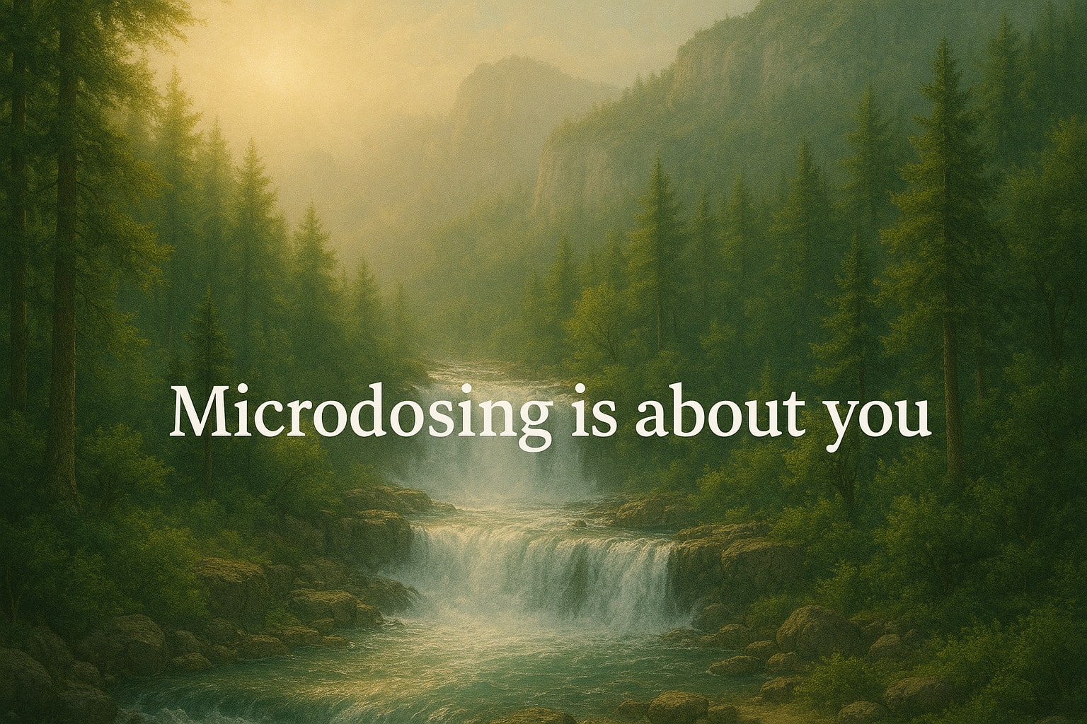 microdosing is about you met op de achtergrond een waterval in bosomgeving
