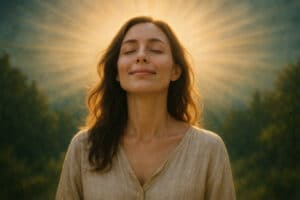 vrouw die straalt van blijdschap