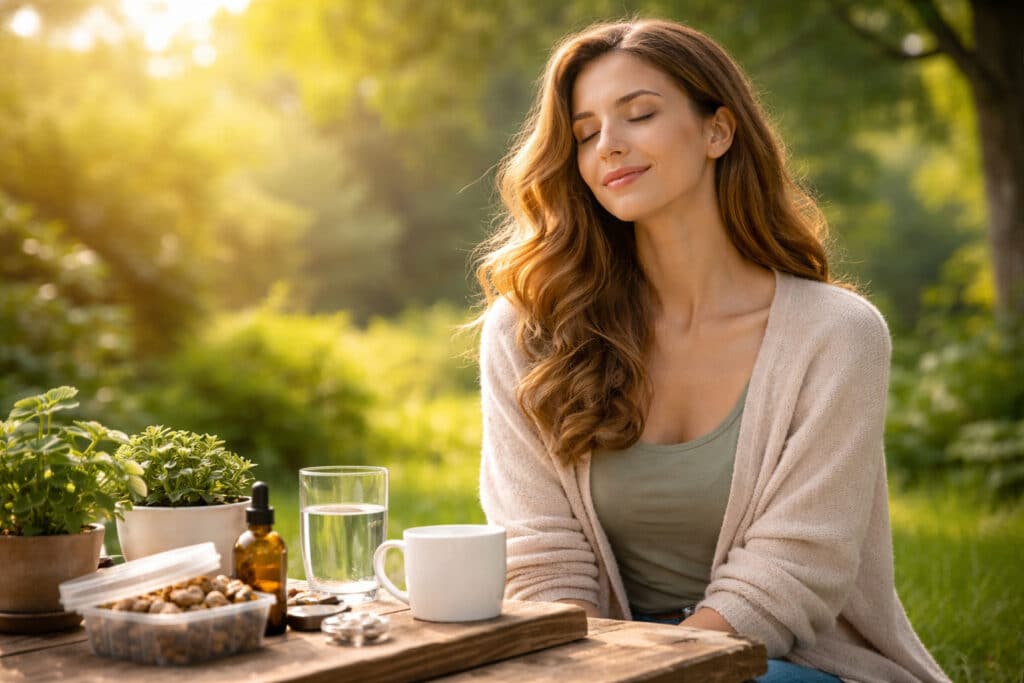 Pot en verre avec gélules et truffes sur une table en bois avec des éléments naturels, image d'ambiance du microdosage et d'une consommation consciente