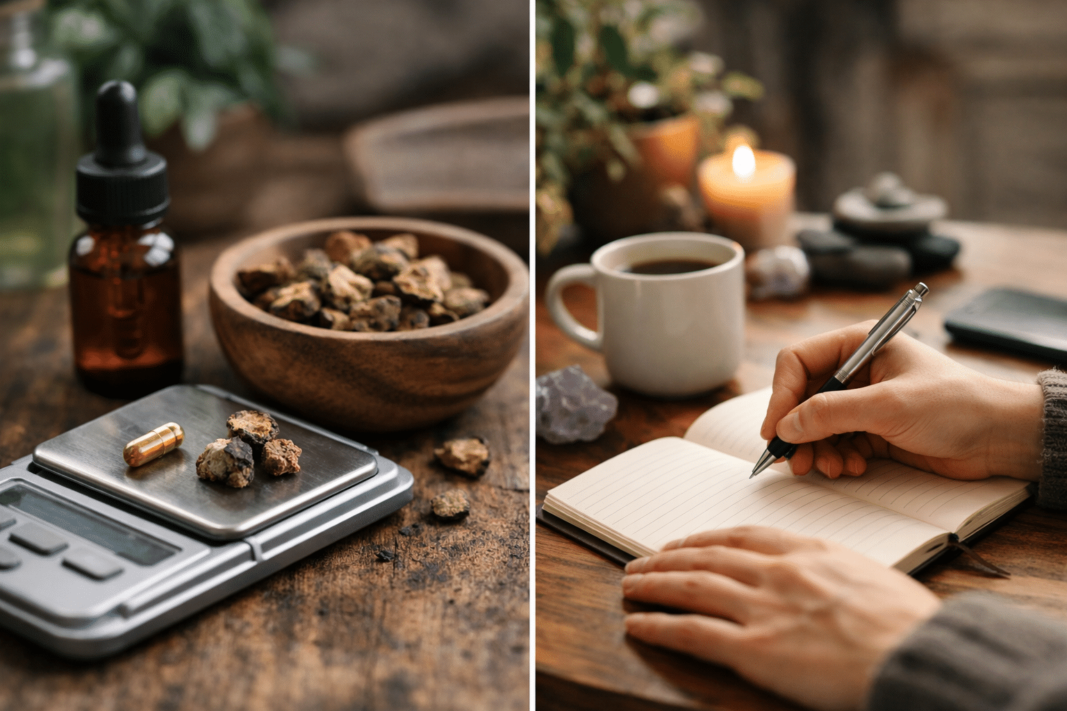microdosing dagboek op bureau met notitieboek pen koffie en kleine dosering truffels