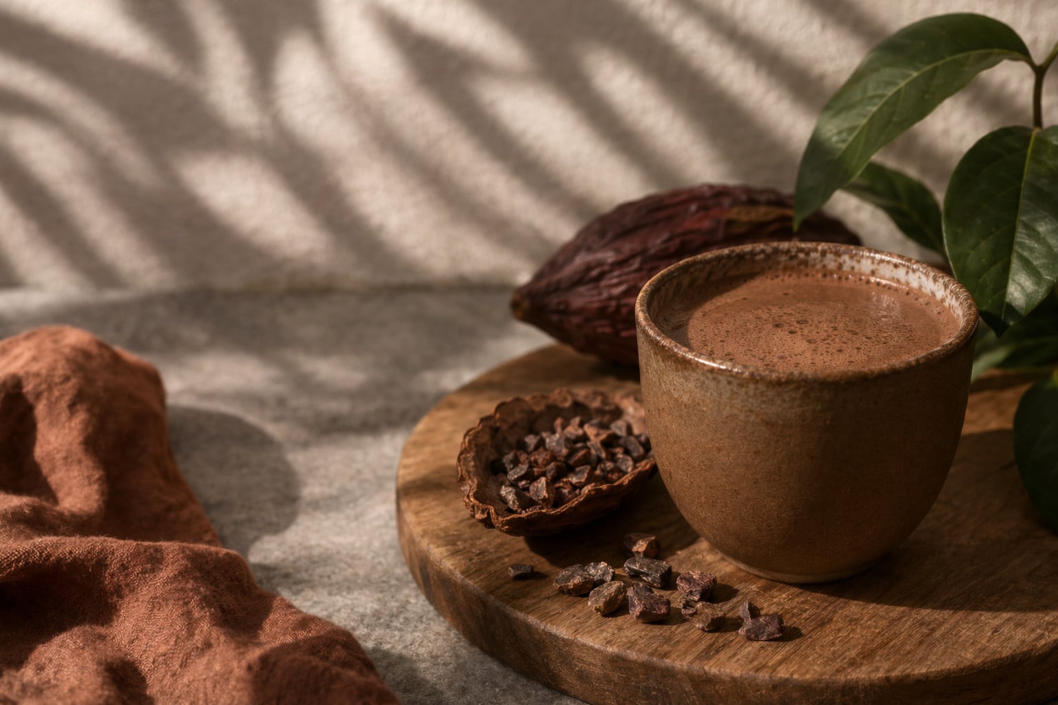 warme drank van pure cacao in keramische mok met cacao nibs en cacaopeul op houten ondergrond