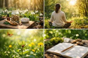 Collage de quatre scènes printanières dans la nature avec des truffes magiques, une méditation à la lumière du soleil, une fleur avec une coccinelle et un carnet ouvert sur une table en bois dans un environnement forestier calme.